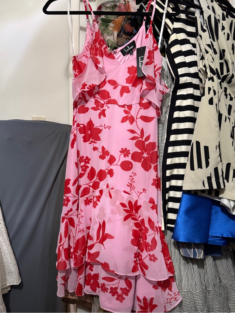 Lulu's Pink Dress with Red Floral Ruffle Slip